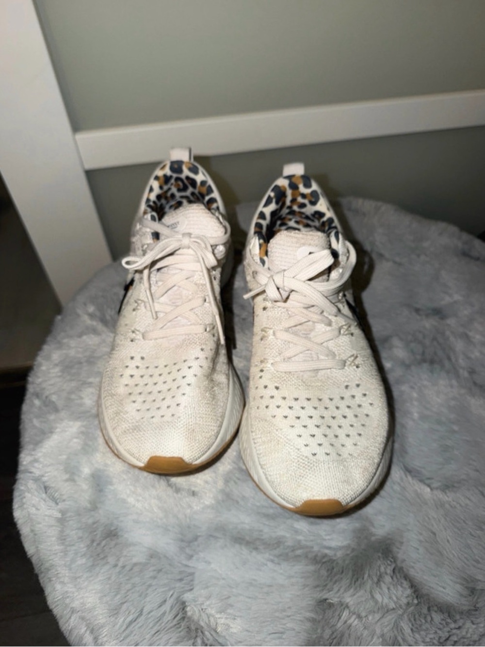 Nike Women’s Cream Knit Sneakers with Leopard-Print Lining